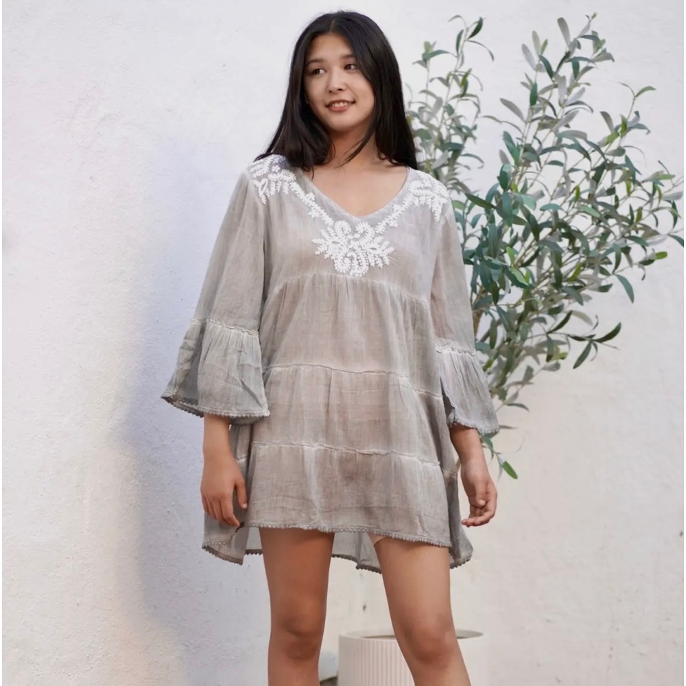 Dolma Linen Embellished lightweight Dress Coverup Tiered Grey Distressed